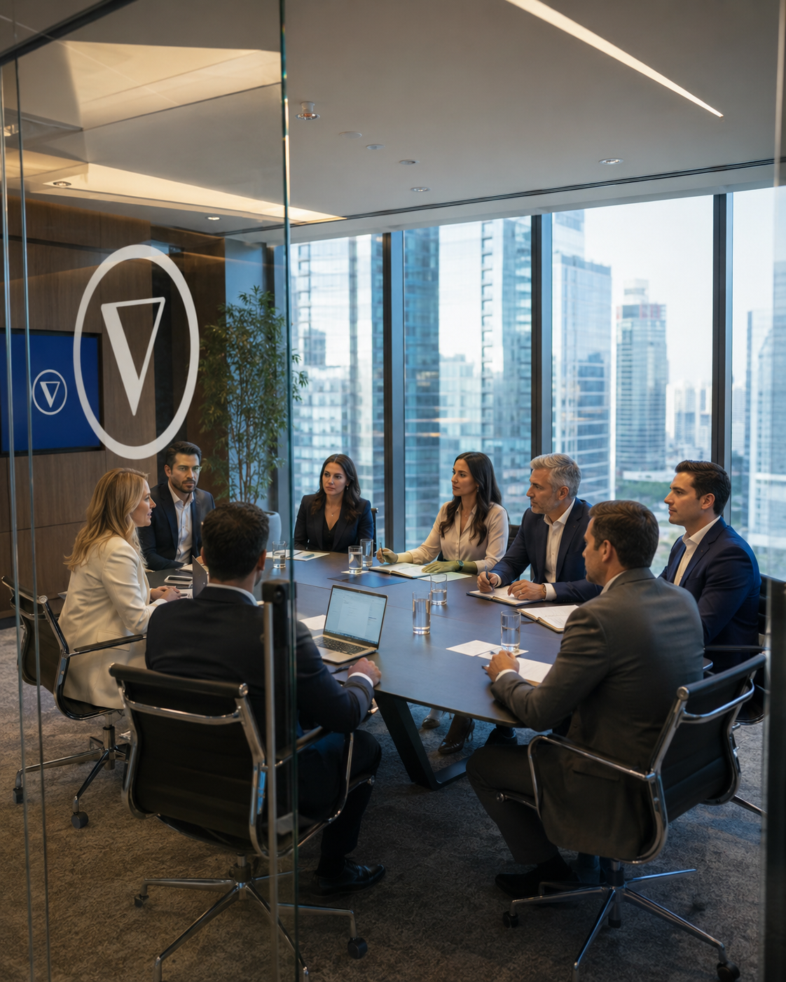 Sala de reunião Vanlue Capital com logo no vidro
